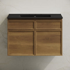 Wall-Mounted Bathroom Vanity, St. Tropez, 30-Inch with Black Sink Top in Brown Oak
