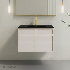 Wall-Mounted Bathroom Vanity, St. Tropez, 30 Inch with Black Sink Top in White Oak