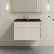 Wall-Mounted Bathroom Vanity, St. Tropez, 30 Inch with Black Sink Top in White Oak