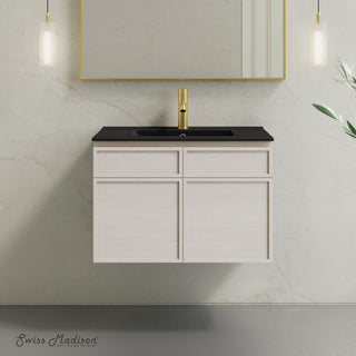 Wall-Mounted Bathroom Vanity, St. Tropez, 30 Inch with Black Sink Top in White Oak