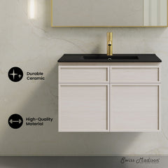 Wall-Mounted Bathroom Vanity, St. Tropez, 30 Inch with Black Sink Top in White Oak