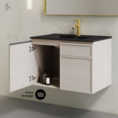 Wall-Mounted Bathroom Vanity, St. Tropez, 30 Inch with Black Sink Top in White Oak