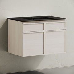 Wall-Mounted Bathroom Vanity, St. Tropez, 30 Inch with Black Sink Top in White Oak