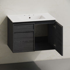 Wall-Mounted Bathroom Vanity, St. Tropez, 30 Inch with Ceramic Top in Black Oak