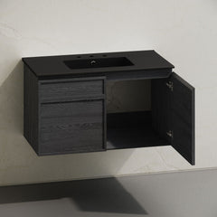 Wall-Mounted Bathroom Vanity, St. Tropez, 36 in with Ceramic Top in Black Oak