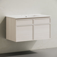 Wall-Mounted Bathroom Vanity, St. Tropez, 36 in with Ceramic Top in White Oak