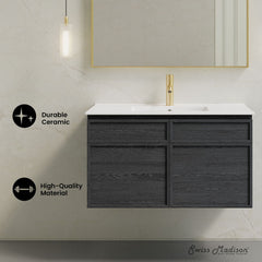 Wall-Mounted Bathroom Vanity, St. Tropez, 36 in with Sink Top in Black Oak