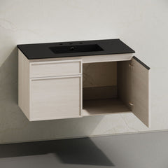 Wall-Mounted Bathroom Vanity, St. Tropez, 36-Inch with Black Ceramic Top in White Oak