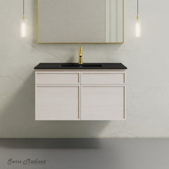 Wall-Mounted Bathroom Vanity, St. Tropez, 36 Inch with Black Sink Top in White Oak