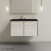 Wall-Mounted Bathroom Vanity, St. Tropez, 36 Inch with Black Sink Top in White Oak