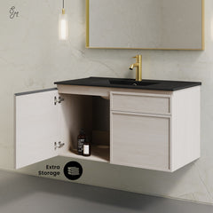 Wall-Mounted Bathroom Vanity, St. Tropez, 36 Inch with Black Sink Top in White Oak