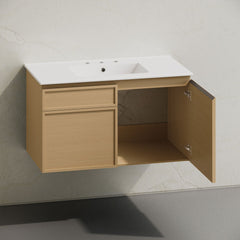 Wall-Mounted Bathroom Vanity, St. Tropez, 36 Inch with Ceramic Top in Natural Oak