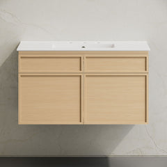 Wall-Mounted Bathroom Vanity, St. Tropez, 36 Inch with Ceramic Top in Natural Oak