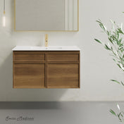 Wall-Mounted Bathroom Vanity, St. Tropez, 36 Inch with Sink Top in Brown Oak