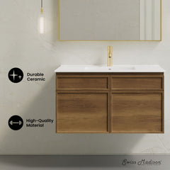 Wall-Mounted Bathroom Vanity, St. Tropez, 36 Inch with Sink Top in Brown Oak