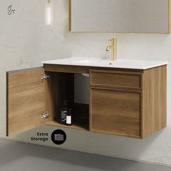 Wall-Mounted Bathroom Vanity, St. Tropez, 36 Inch with Sink Top in Brown Oak