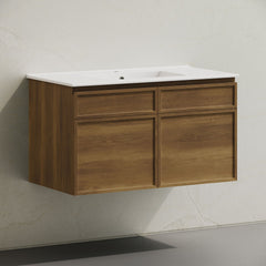 Wall-Mounted Bathroom Vanity, St. Tropez, 36 Inch with Sink Top in Brown Oak