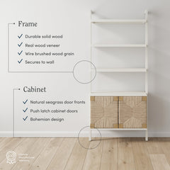Wall-Mounted Bookcase with 3 Shelves and Cabinet in Warm White