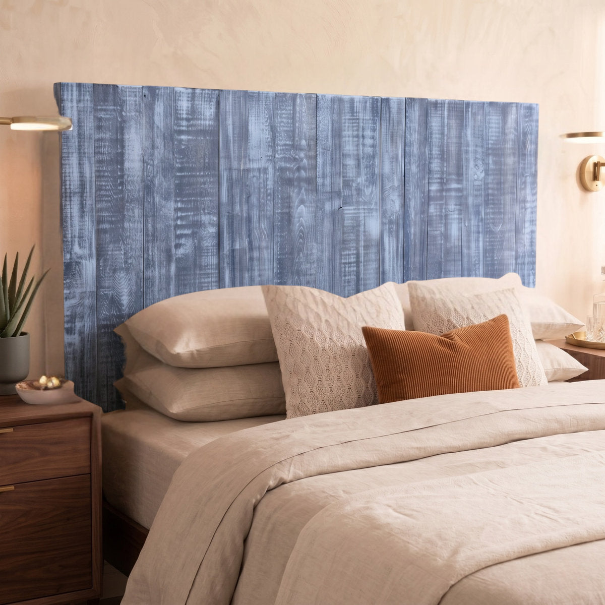 Wall Mounted Headboard, Queen, Blue Pine Wood Panel