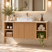 Wall Mounted Single Bathroom Vanity in Walnut with Faux Marble Top and Sink