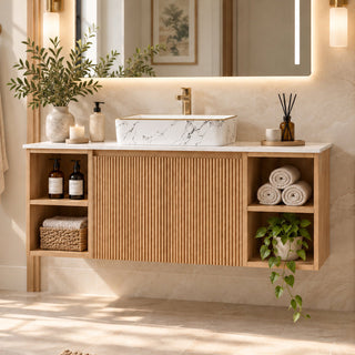 Wall Mounted Single Bathroom Vanity in Walnut with Faux Marble Top and Sink