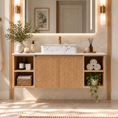 Wall Mounted Single Bathroom Vanity in Walnut with Faux Marble Top and Sink