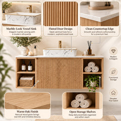 Wall Mounted Single Bathroom Vanity in Walnut with Faux Marble Top and Sink
