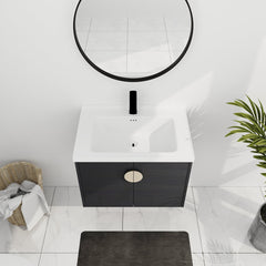 Wall Mounted Single Bathroom Vanity with White Ceramic Top in Black