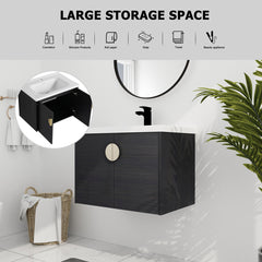 Wall Mounted Single Bathroom Vanity with White Ceramic Top in Black