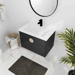 Wall Mounted Single Bathroom Vanity with White Ceramic Top in Black