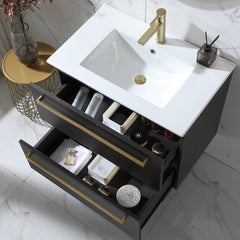 Wall Mounted Single Vanity, 30 In W, White Ceramic Top with Integrated Sink