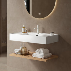 Wall-Mounted Single Vanity, 35.43 in Wide, White Top with Nature Oak Shelf