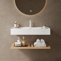Wall-Mounted Single Vanity, 35.43 in Wide, White Top with Nature Oak Shelf