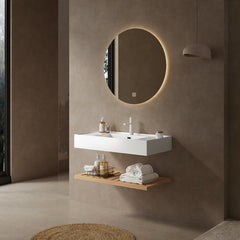Wall-Mounted Single Vanity, 35.43 in Wide, White Top with Nature Oak Shelf