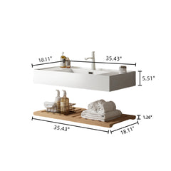 Wall-Mounted Single Vanity, 35.43 in Wide, White Top with Nature Oak Shelf