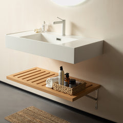 Wall-Mounted Single Vanity, 35.43 in Wide, White Top with Nature Oak Shelf