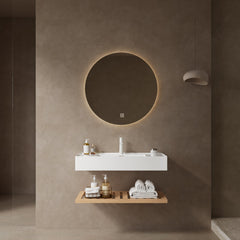 Wall-Mounted Single Vanity, 35.43 in Wide, White Top with Nature Oak Shelf