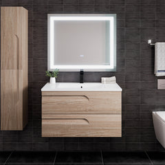 Wall Mounted Single Vanity, 36 Inch, White Porcelain Top with Brown Base