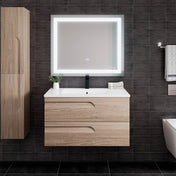 Wall Mounted Single Vanity, 36 Inch, White Porcelain Top with Brown Base