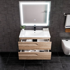 Wall Mounted Single Vanity, 36 Inch, White Porcelain Top with Brown Base