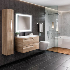 Wall Mounted Single Vanity, 36 Inch, White Porcelain Top with Brown Base