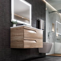 Wall Mounted Single Vanity, 36 Inch, White Porcelain Top with Brown Base