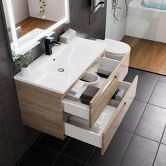 Wall Mounted Single Vanity, 36 Inch, White Porcelain Top with Brown Base