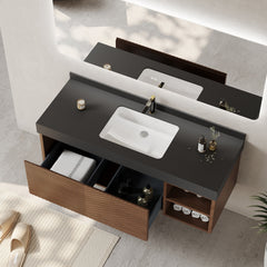 Wall Mounted Single Vanity, 48 In W, Black Top with Undermount Ceramic Sink