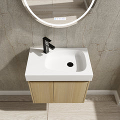 Wall-Mounted Single Vanity with Integrated Resin Sink, Oak and White