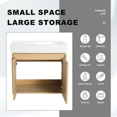 Wall-Mounted Single Vanity with Integrated Resin Sink, Oak and White