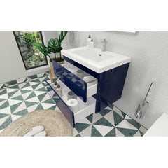 Wall Mounted Single Vanity with White Acrylic Top in High Gloss Night Blue