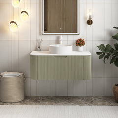 Wall-Mounted Single Vanity with White Ceramic Vessel Sink, Light Green Base