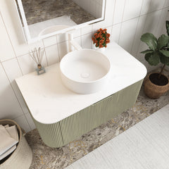 Wall-Mounted Single Vanity with White Ceramic Vessel Sink, Light Green Base