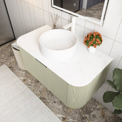 Wall-Mounted Single Vanity with White Ceramic Vessel Sink, Light Green Base